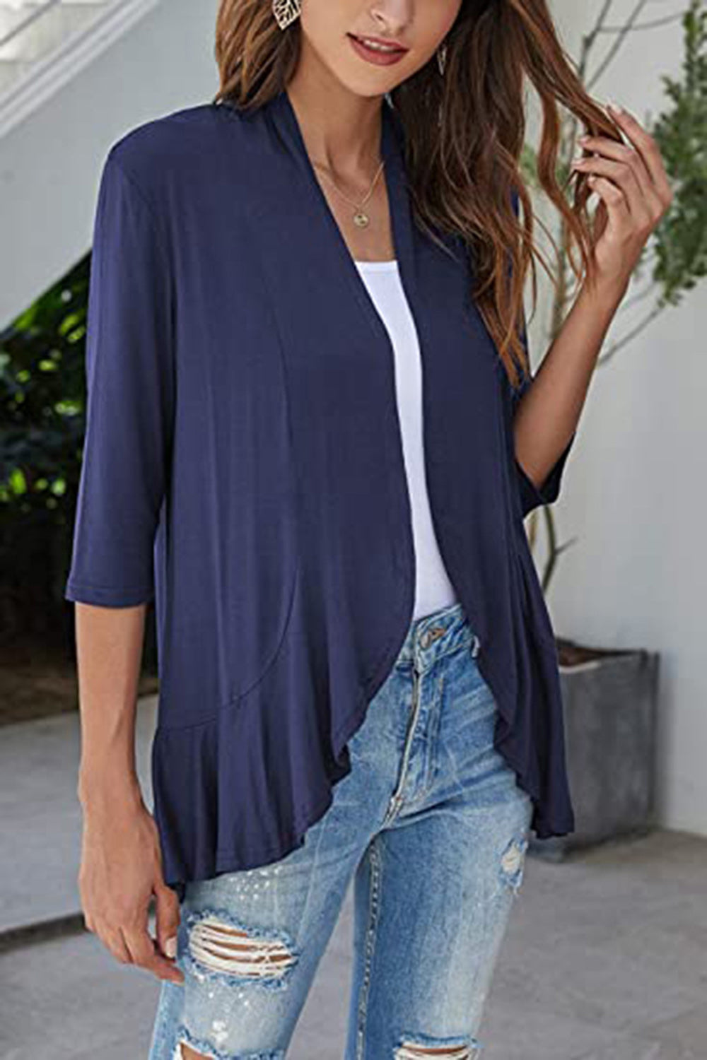 Open Front Three-Quarter Sleeve Cardigan 