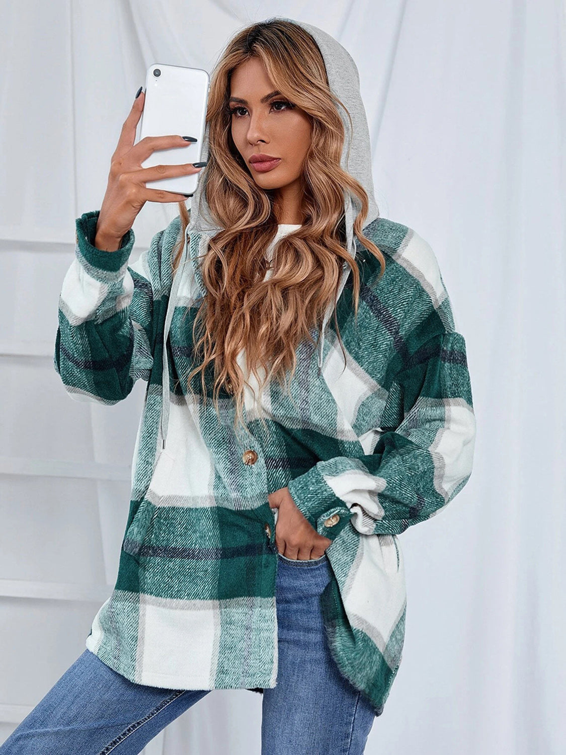 Plaid Hooded Jacket with Pockets - Babbazon Jacket