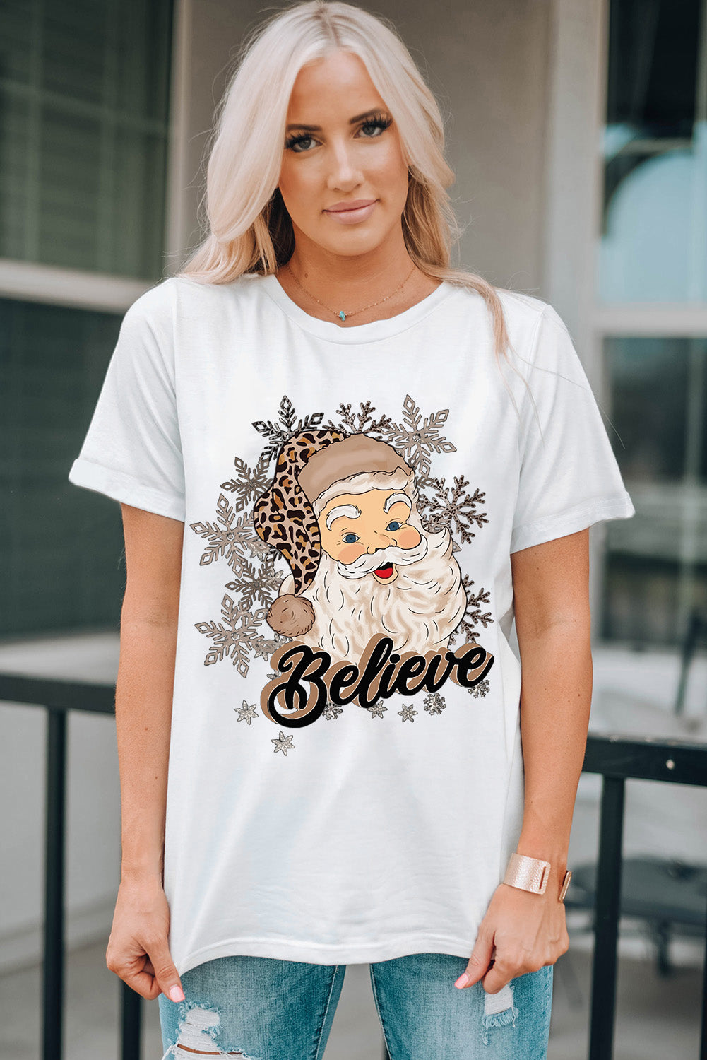 BELIEVE Santa Graphic T-Shirt - Babbazon Women's Tops