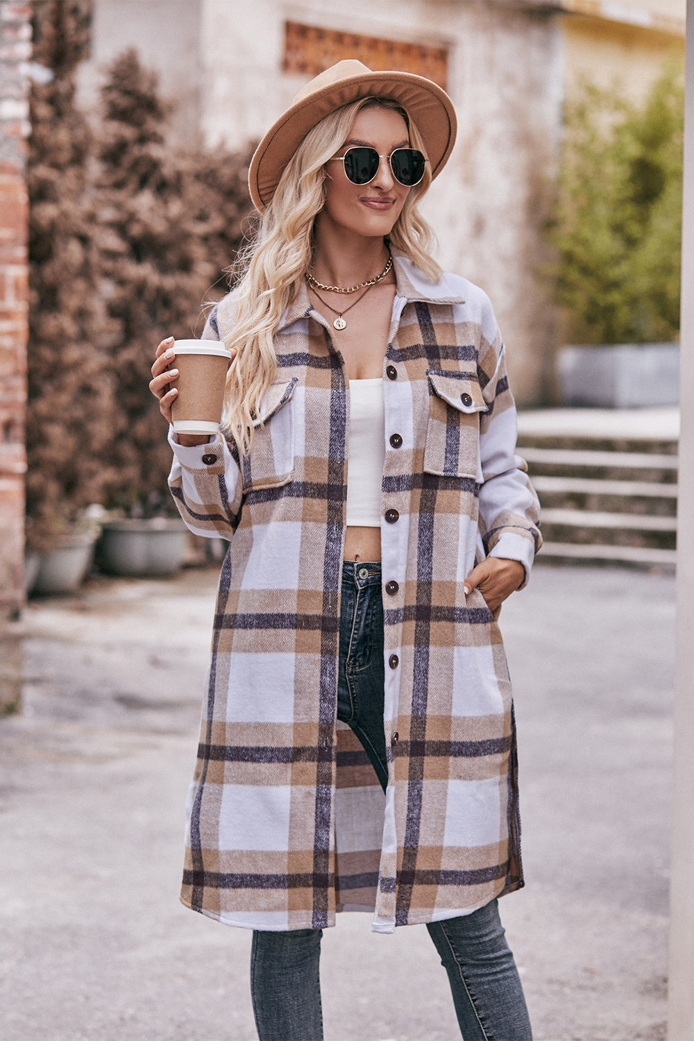 Plaid Dropped Shoulder Longline Jacket 