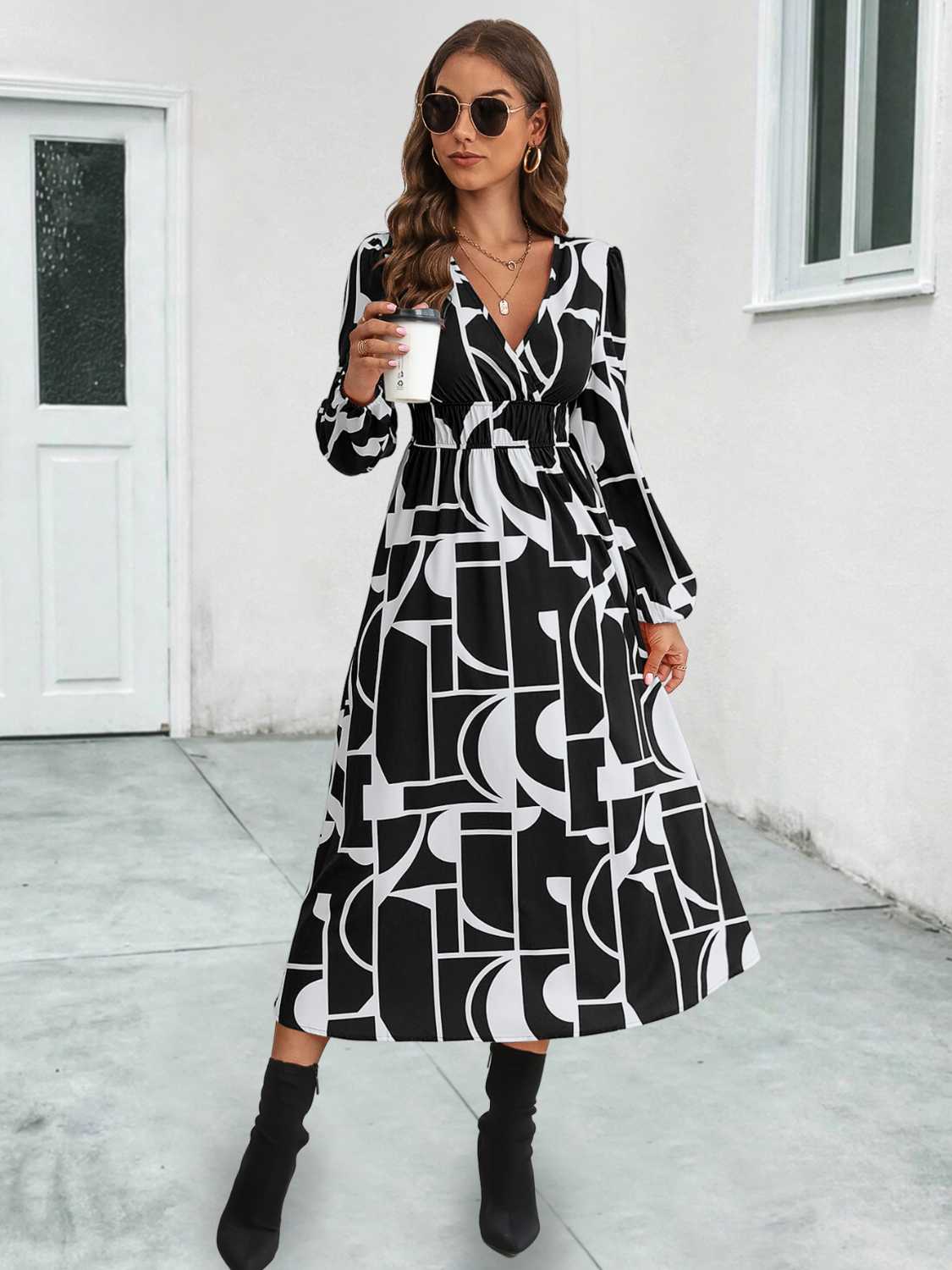 Surplice Neck Long Sleeve Midi Dress 