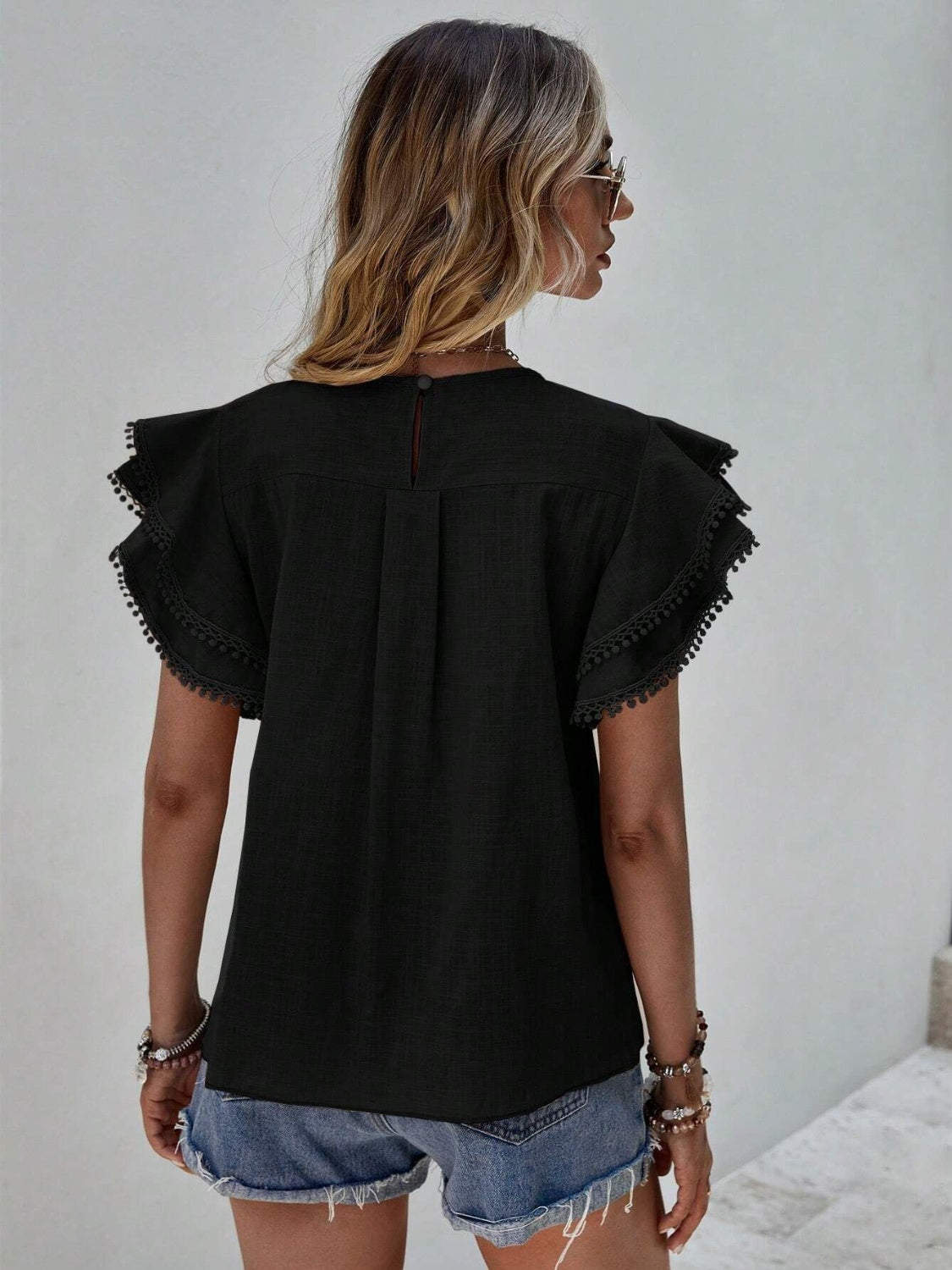 Ruffled Cap Sleeve Round Neck Blouse 