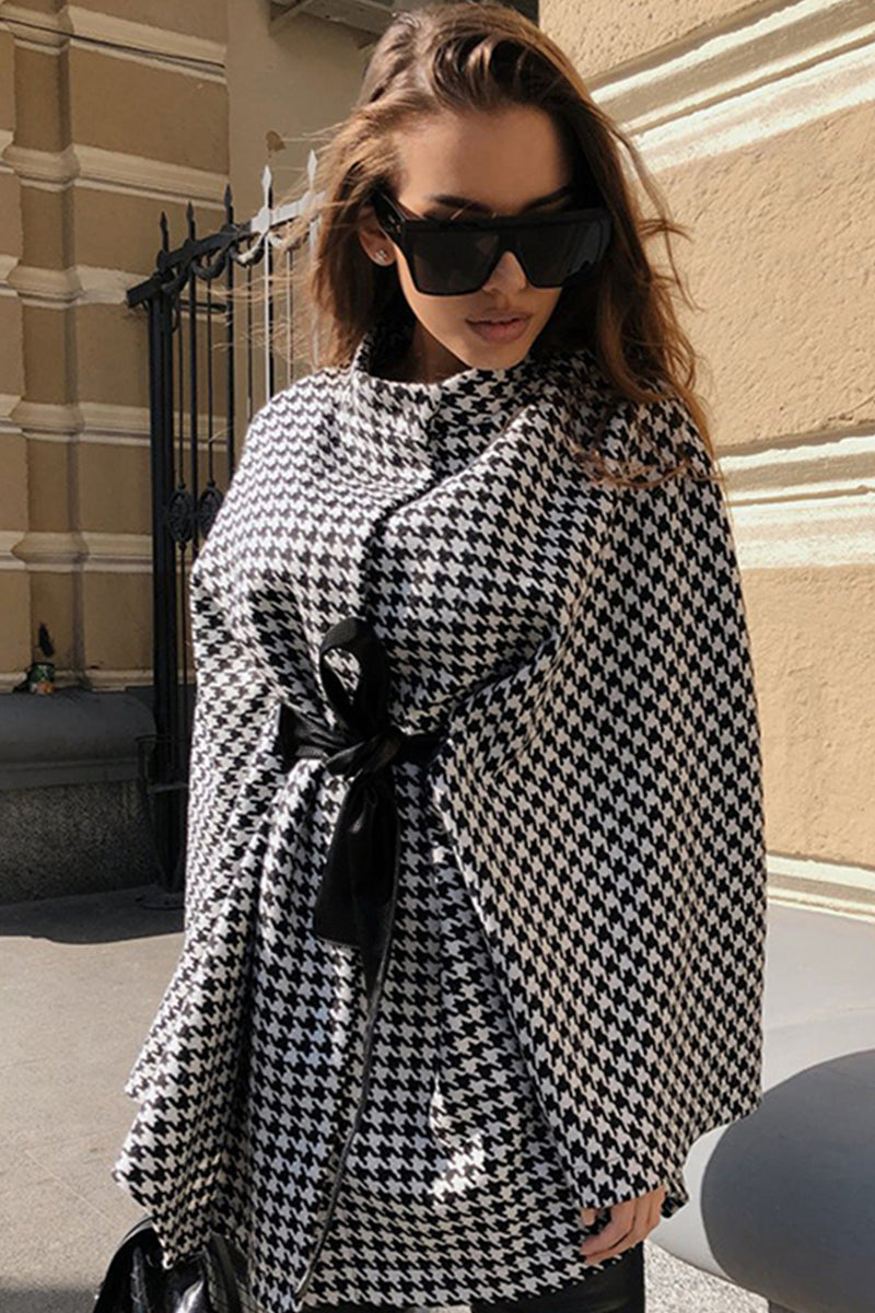 Houndstooth Tie Waist Trench Coat 