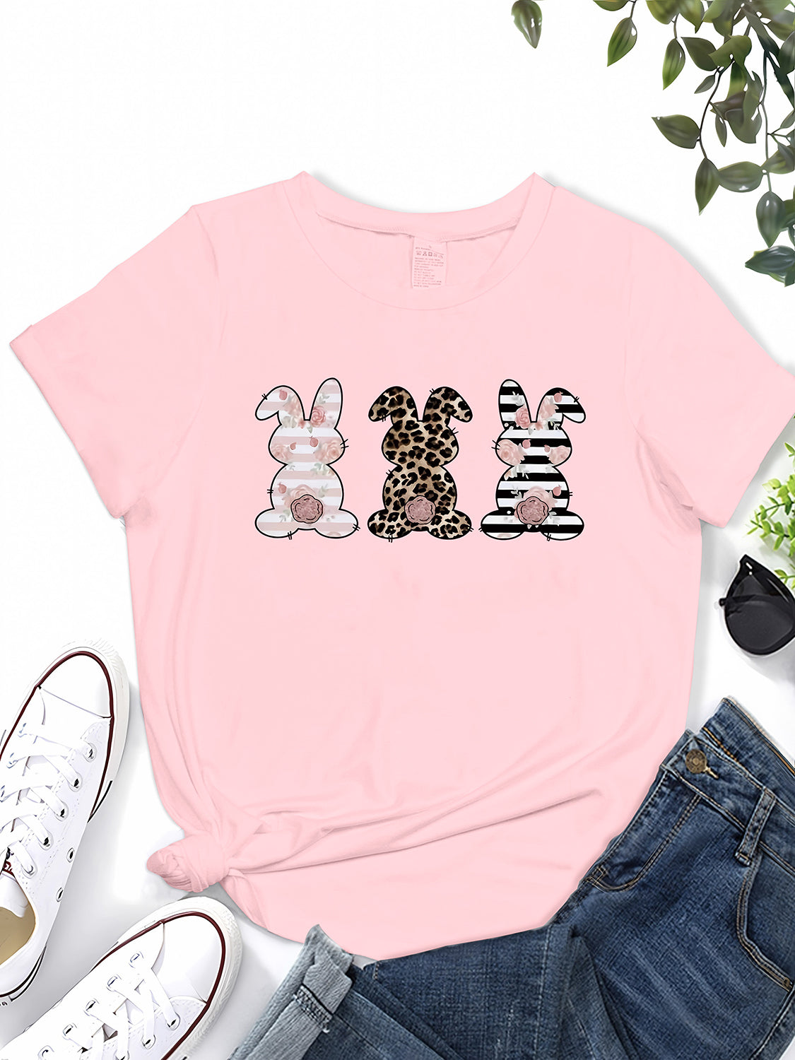 Rabbit Graphic Round Neck Short Sleeve T-Shirt 