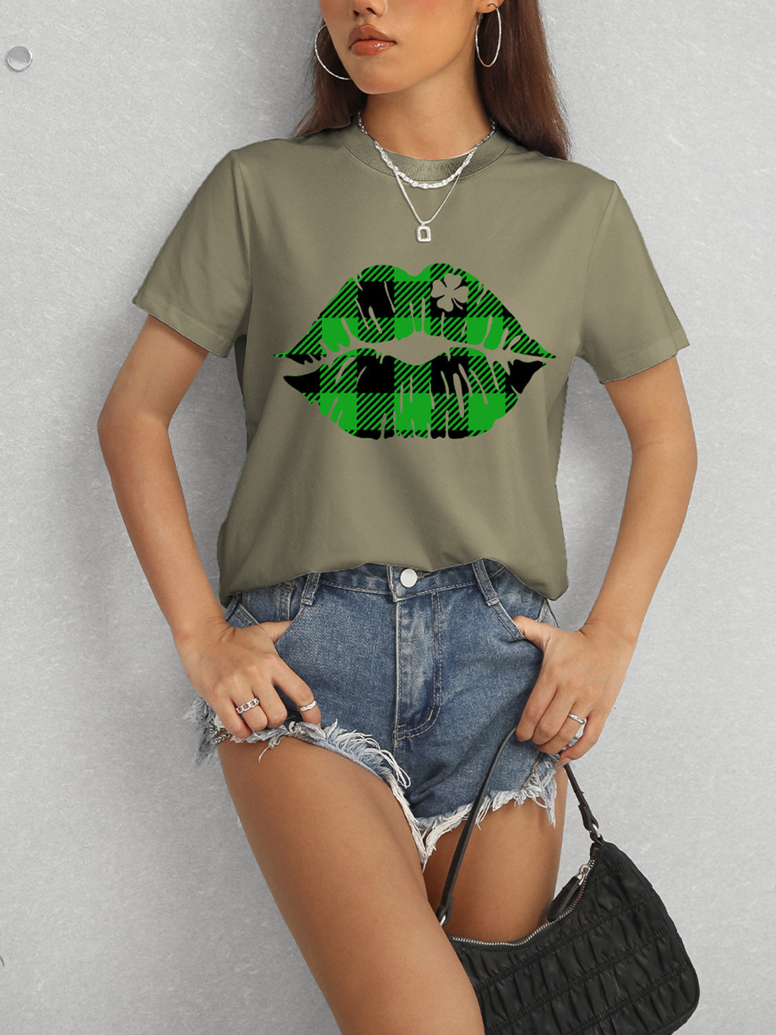 Plaid Lip Graphic Round Neck T-Shirt 