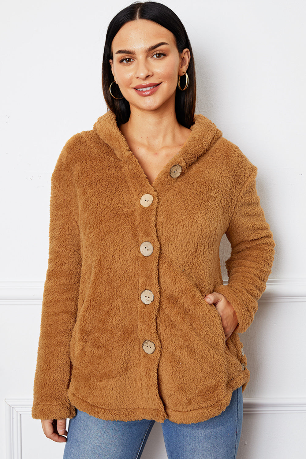 Fuzzy Button Up Hooded Outerwear 