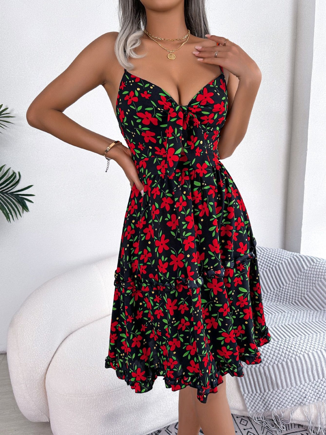 Printed Plunge Cap Sleeve Cami Dress 