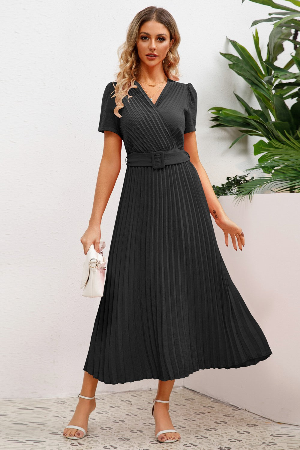 Pleated Surplice Short Sleeve Midi Dress 