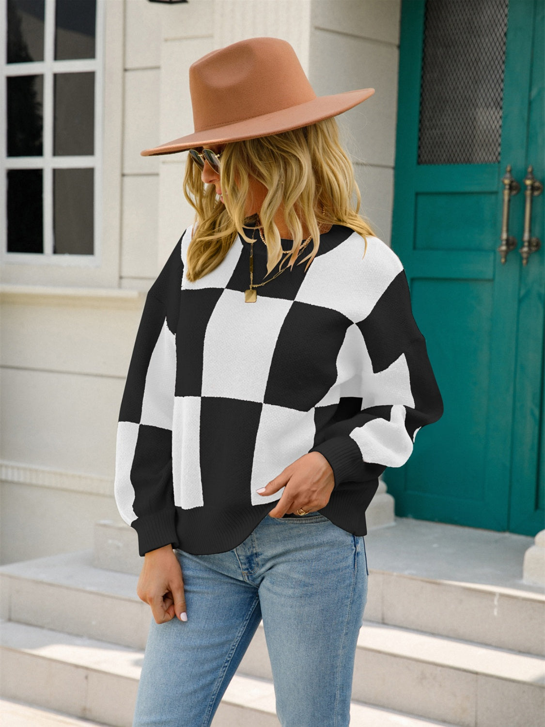 Checkered Round Neck Dropped Shoulder Sweater 