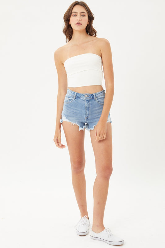 LOVE TREE Raw Hem Cat's Whisker Denim Shorts 