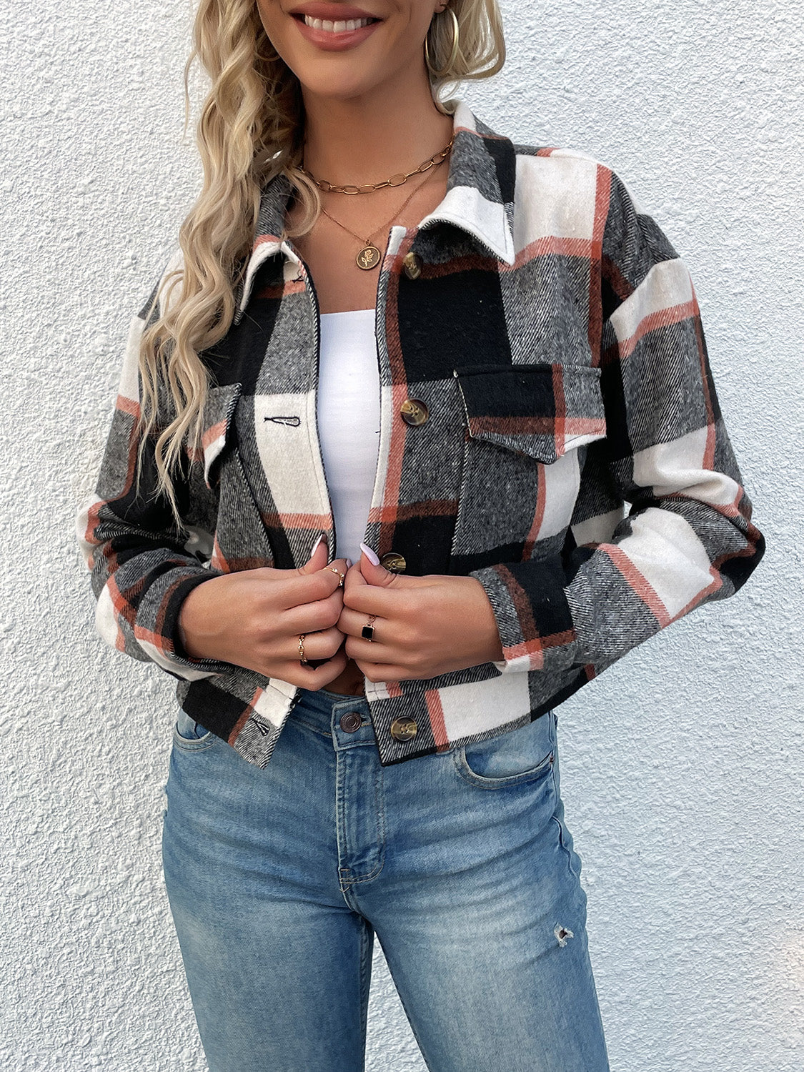 Plaid Button Up Drop Shoulder Cropped Jacket - Babbazon Jacket