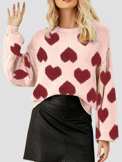 Heart Round Neck Dropped Shoulder Sweater 