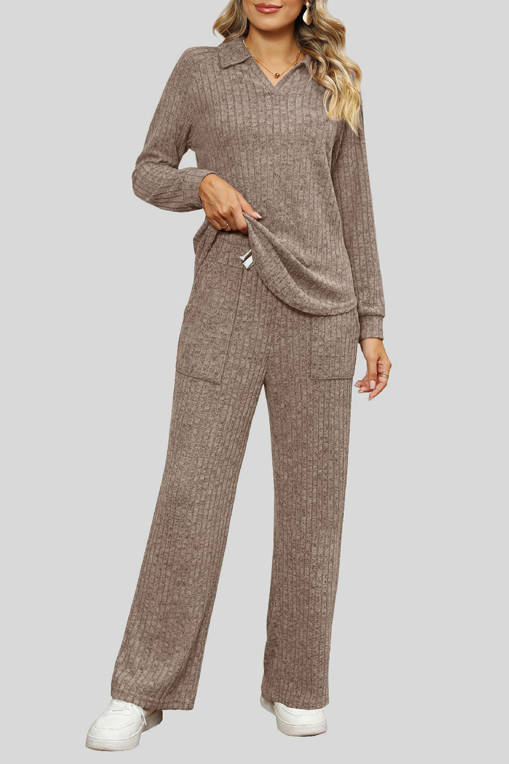 Ribbed Long Sleeve Top and Pocketed Pants Set 