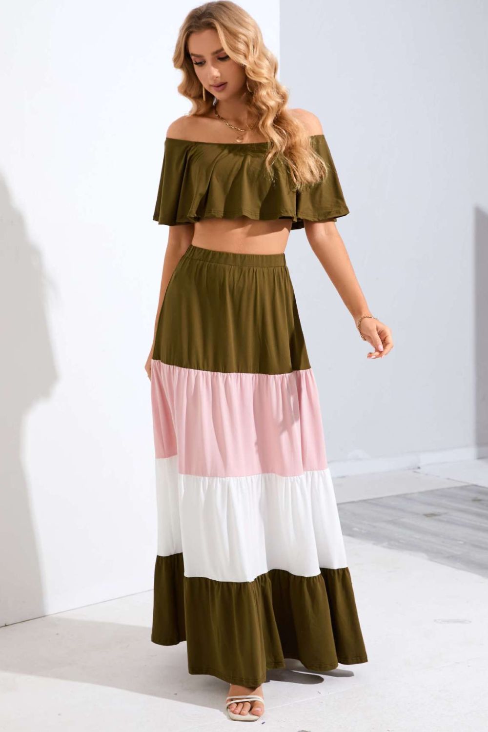 Off-Shoulder Crop Top and Color Block Tiered Skirt Set 