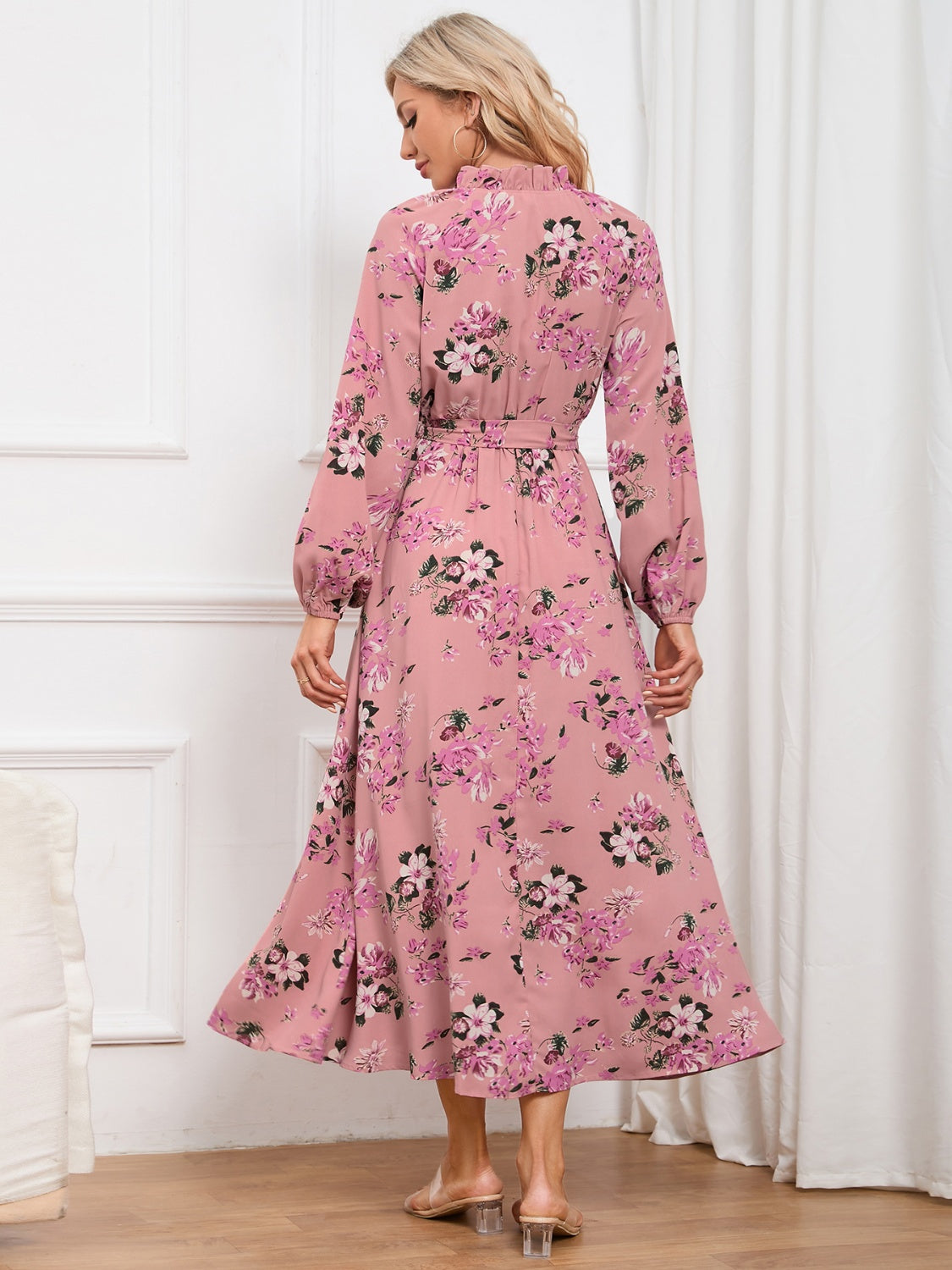 Floral Tie Front Balloon Sleeve Dress 