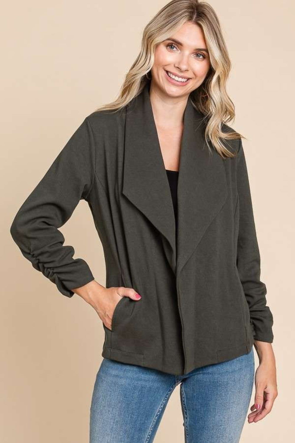 Culture Code Full Size Ruched Open Front Long Sleeve Jacket 