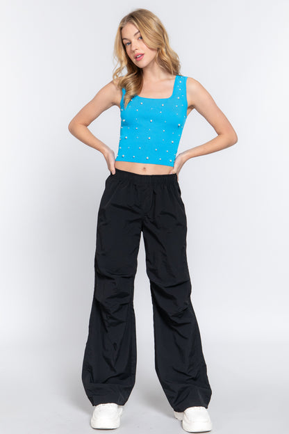 ACTIVE BASIC Pearl Detail Square Neck Cropped Tank 