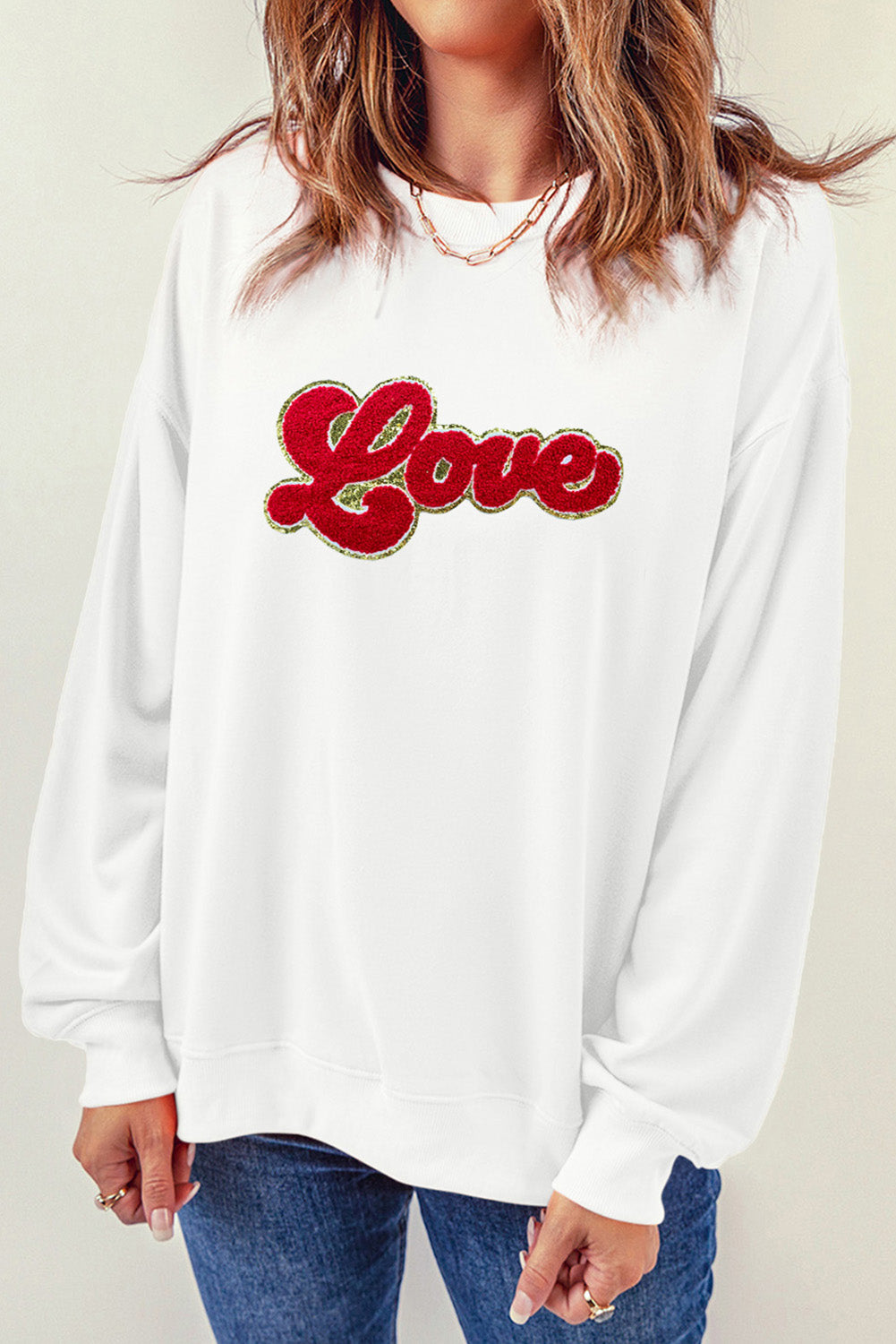 LOVE Embroidered Round Neck Dropped Shoulder Sweatshirt 