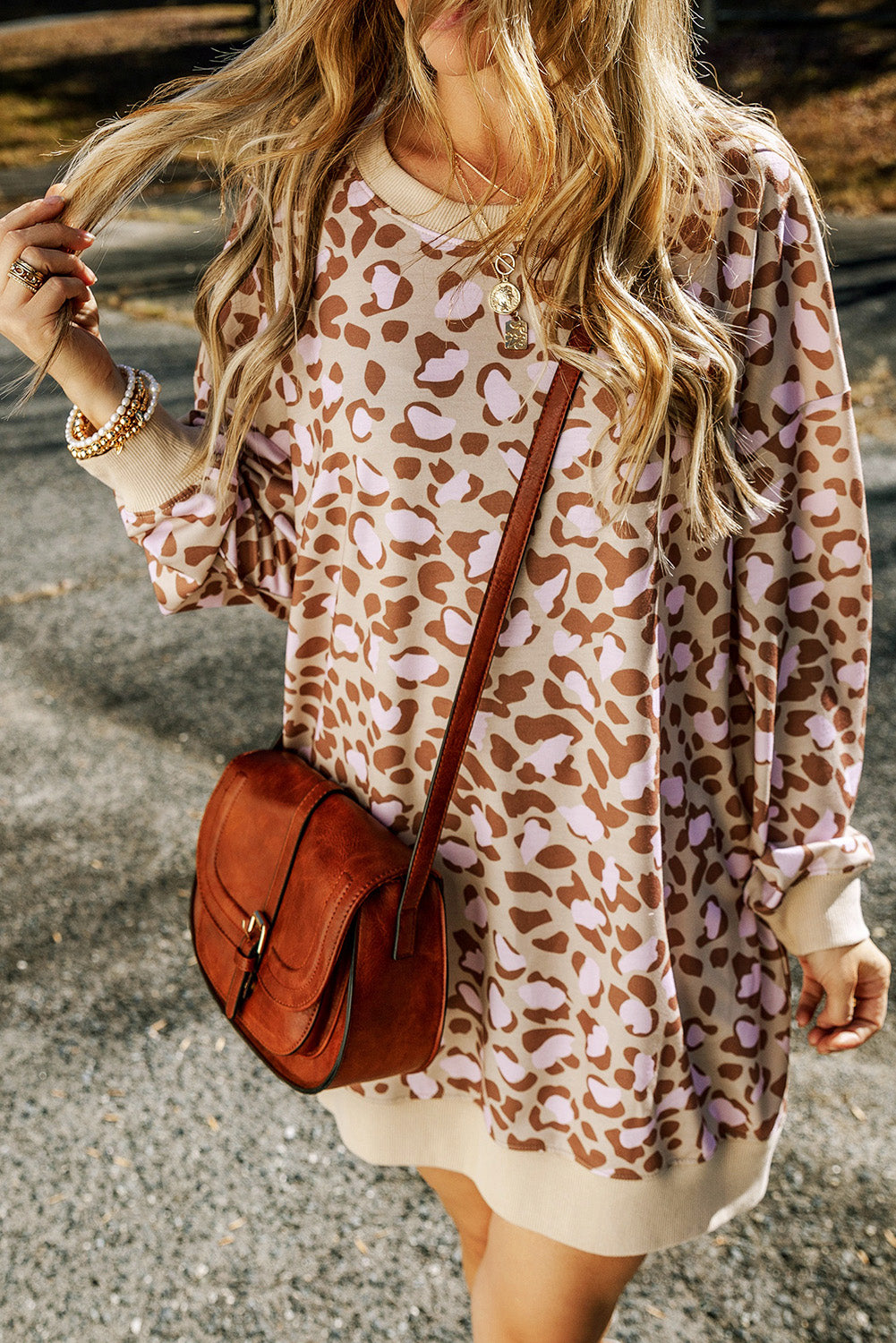 Leopard Round Neck Long Sleeve Dress 