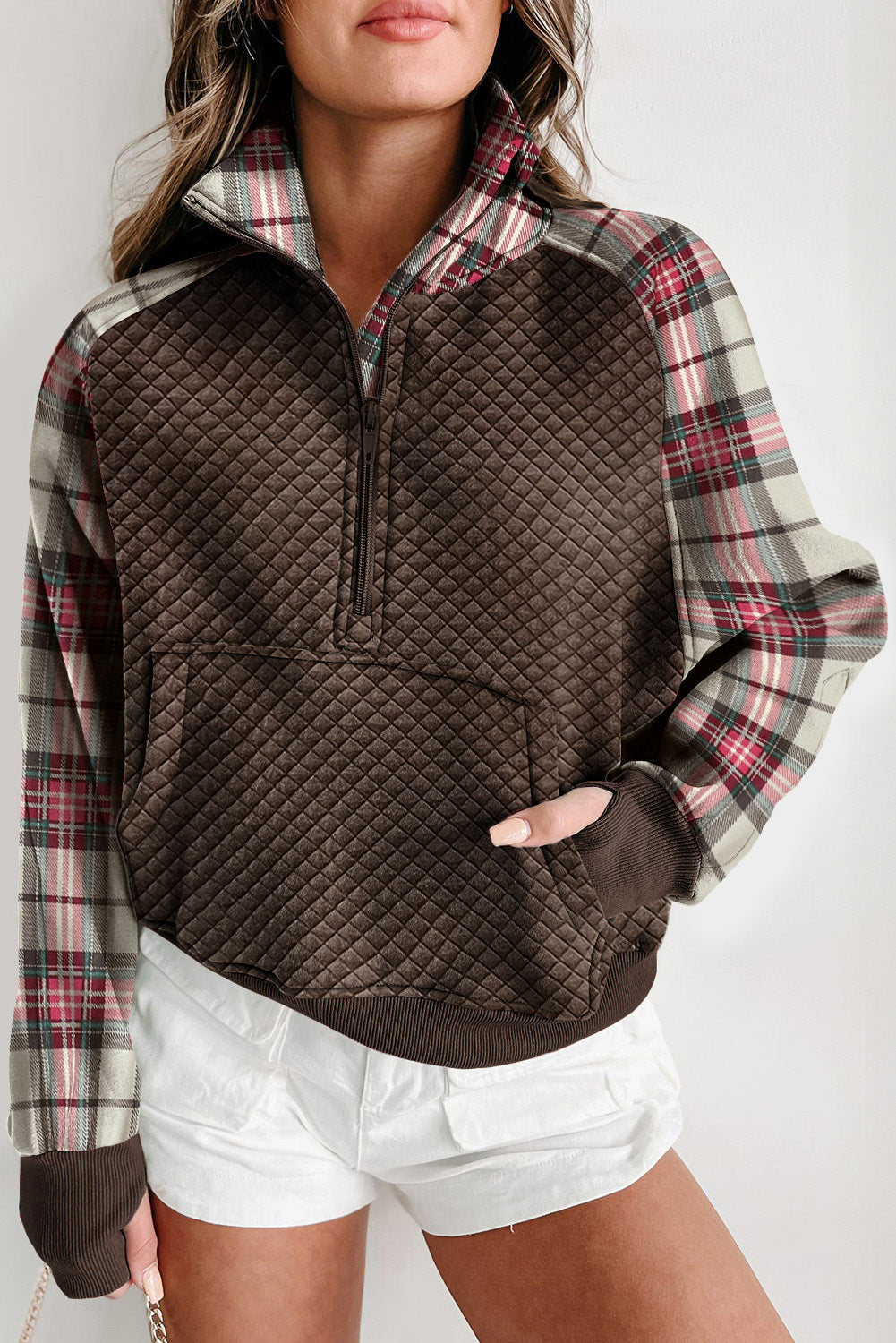 Plaid Half Zip Kangaroo Pocket Sweatshirt 