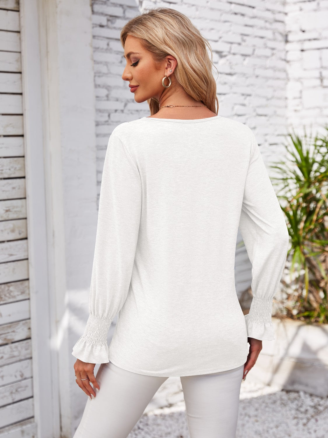 V-Neck Smocked Ruffled Long Sleeve Top 