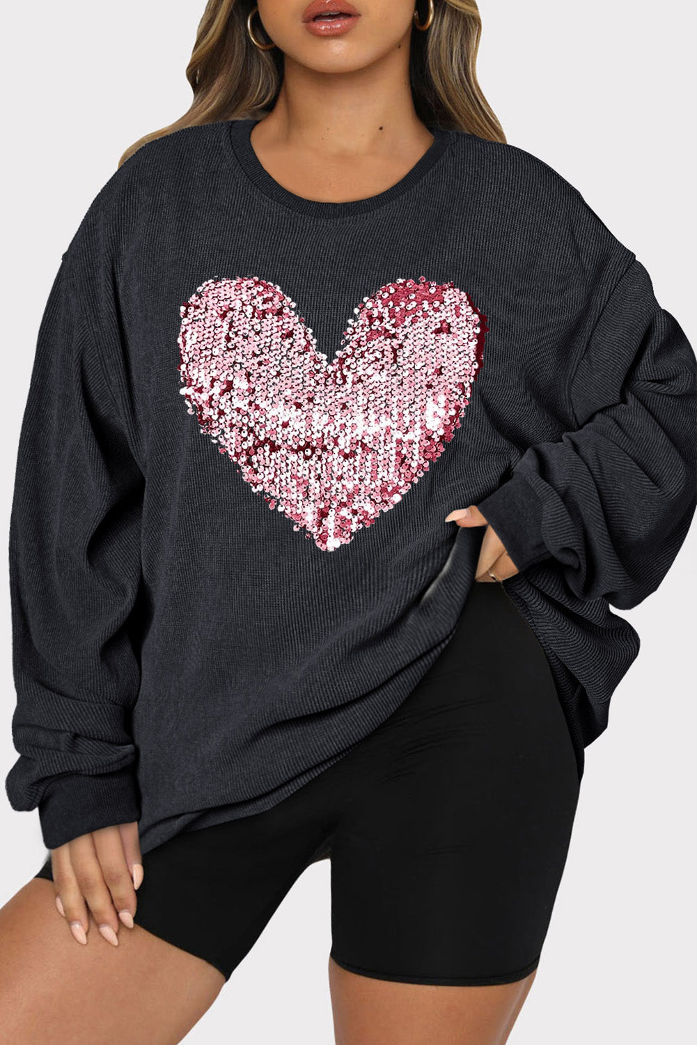 Plus Size Heart Sequin Round Neck Sweatshirt - Babbazon sweatshirt