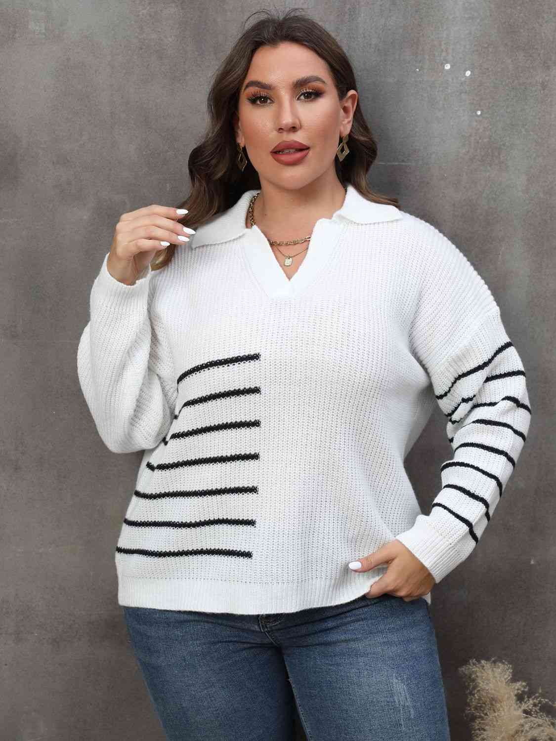 Plus Size Striped V-Neck Sweater 