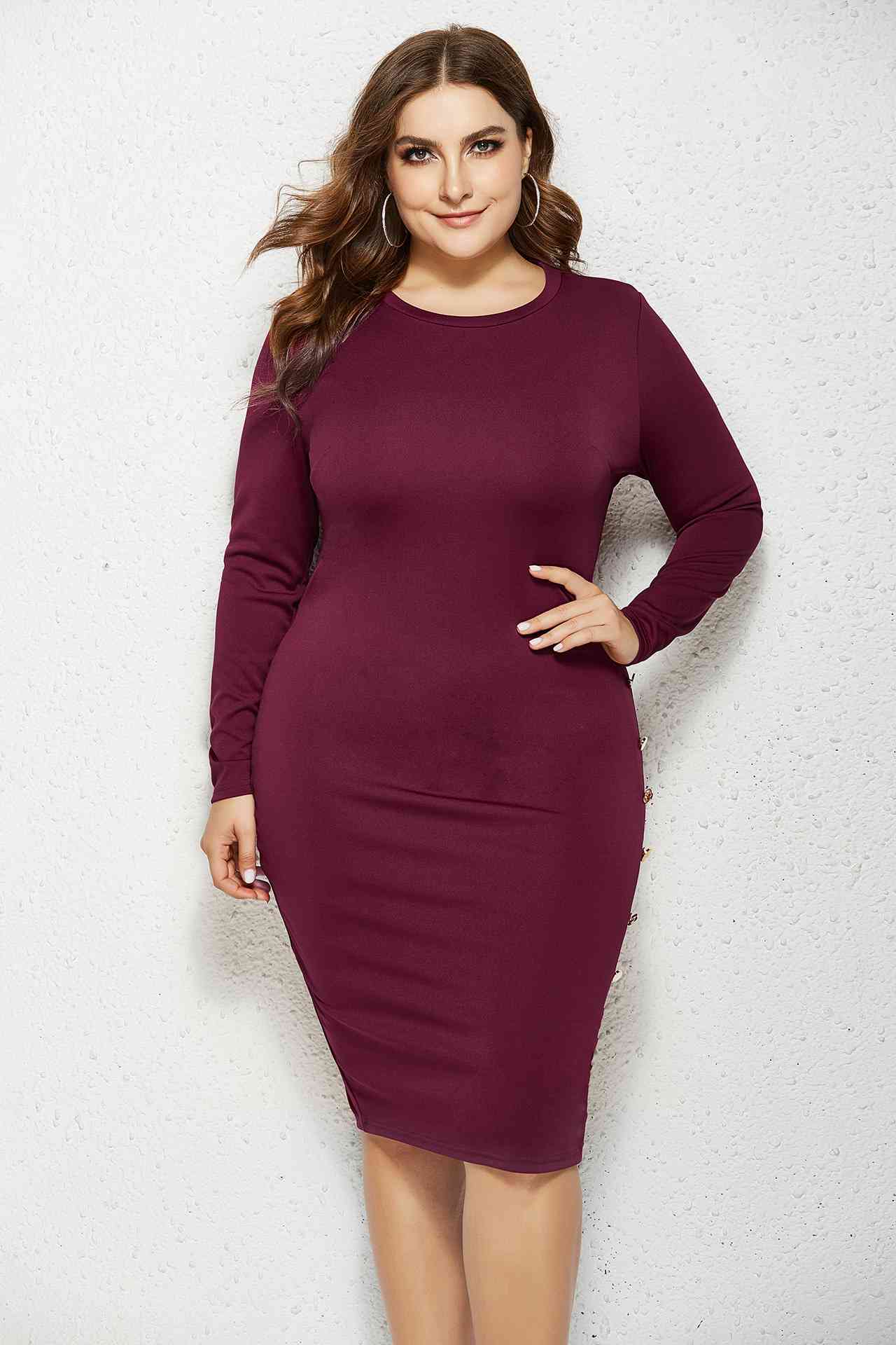 Plus Size Solid Buttoned Wrap Dress 