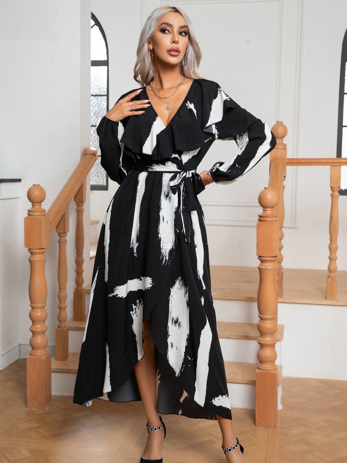 Printed Tie Front Ruffle Trim Long Sleeve Dress 