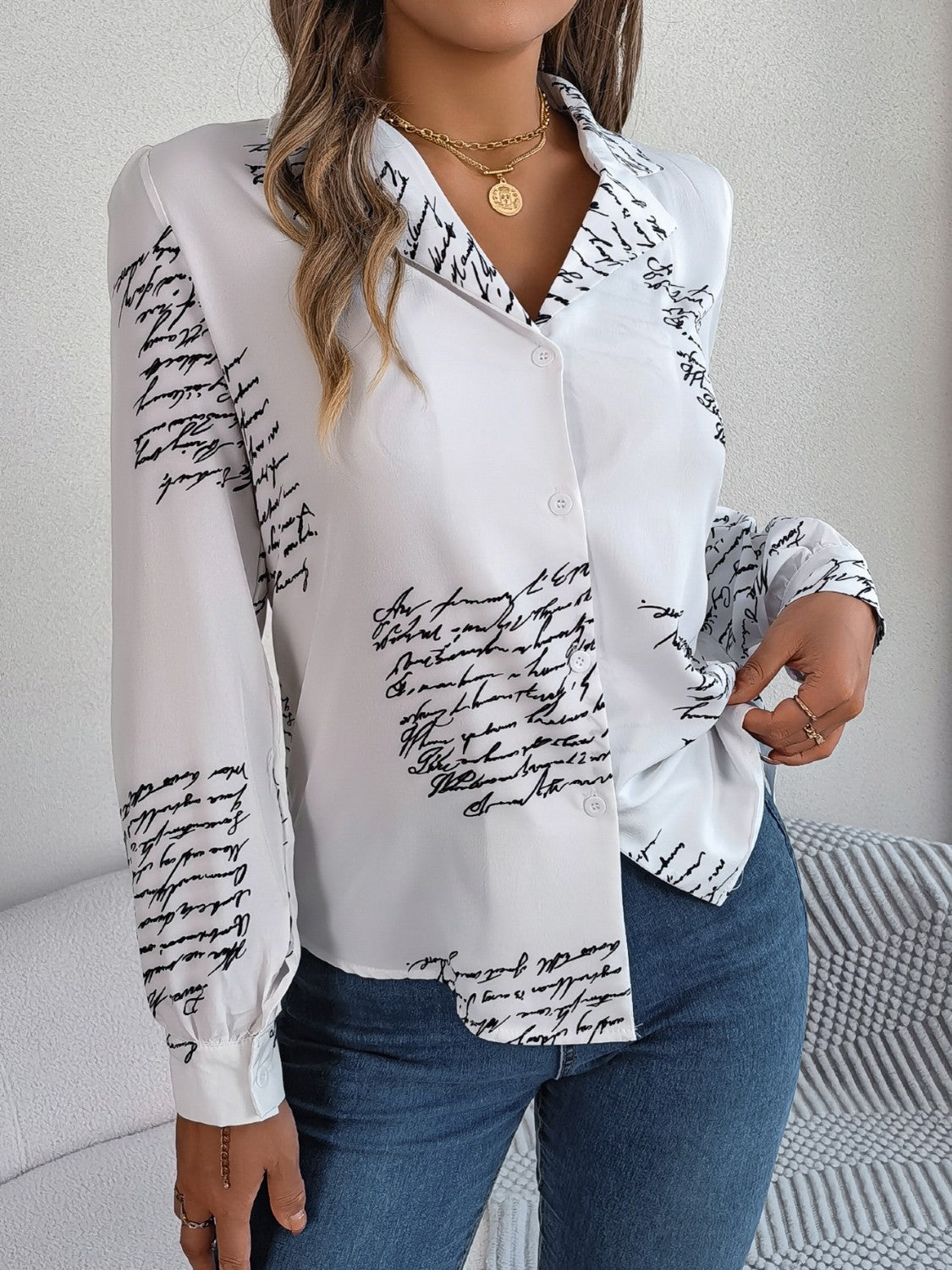 Letter Printed Button Up Long Sleeve Blouse 