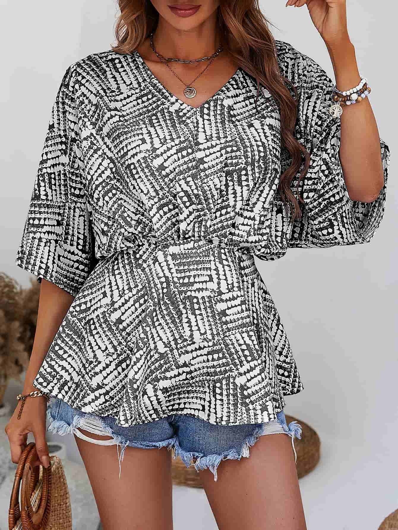 Printed V-Neck Dolman Sleeve Blouse - Babbazon blouse