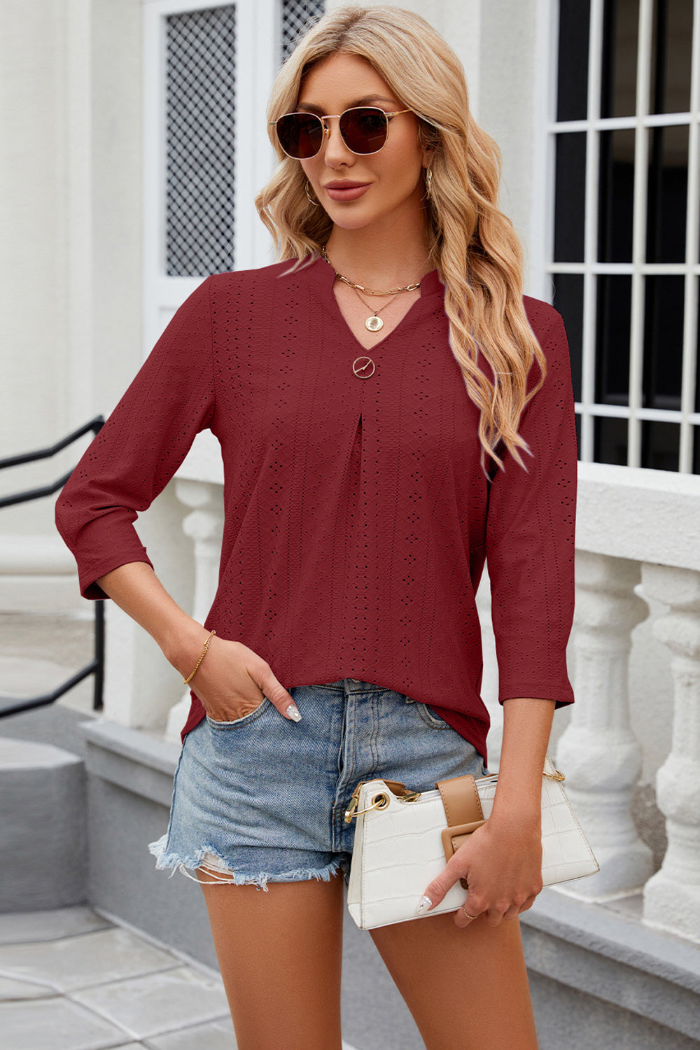 Eyelet Notched Knit Jacquard Top 