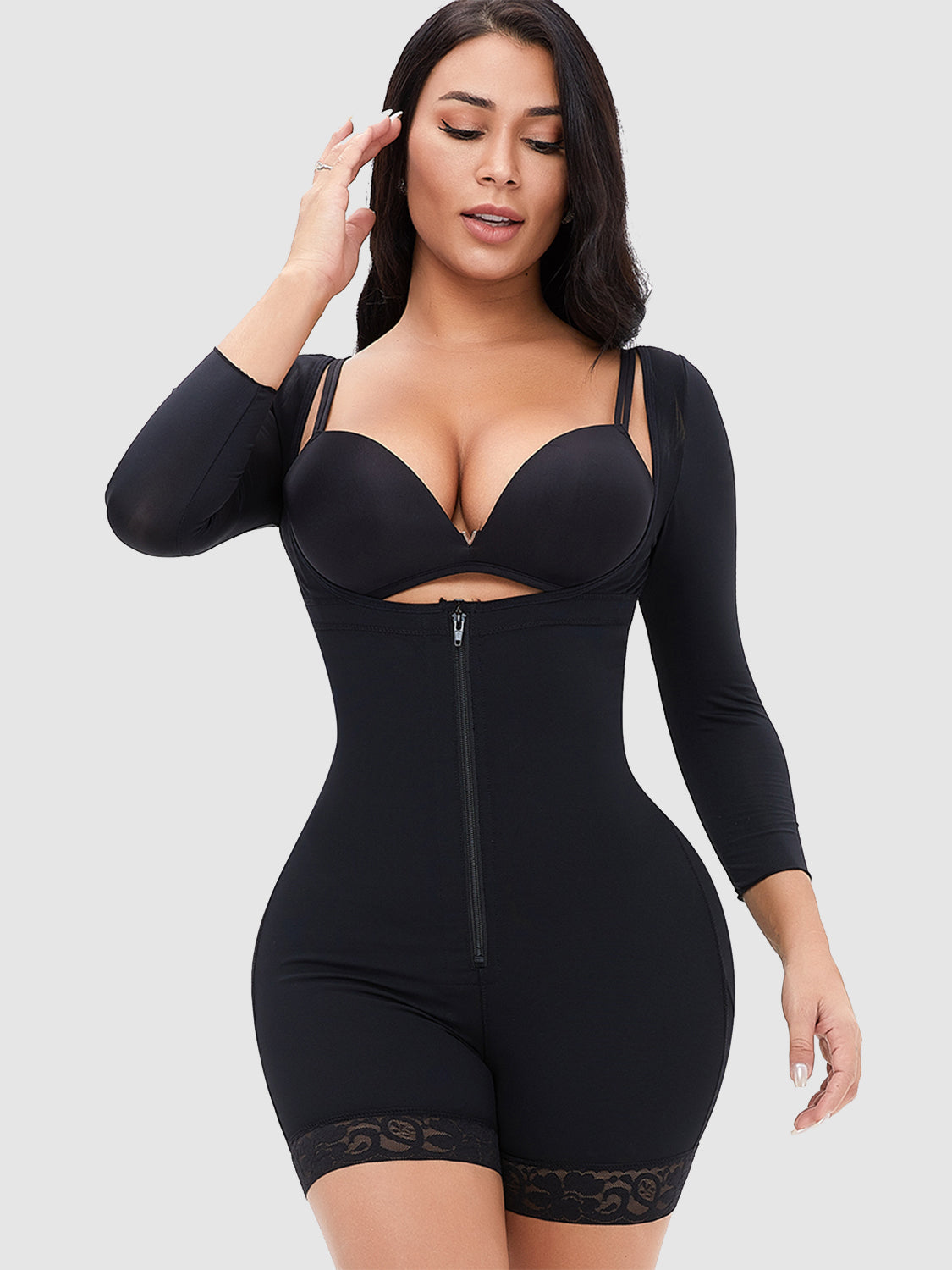 Full Size Zip Up Lace Detail Long Sleeve Shapewear 