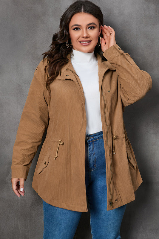 Plus Size Zipper and Snap Down Drawstring Jacket - Babbazon Jacket