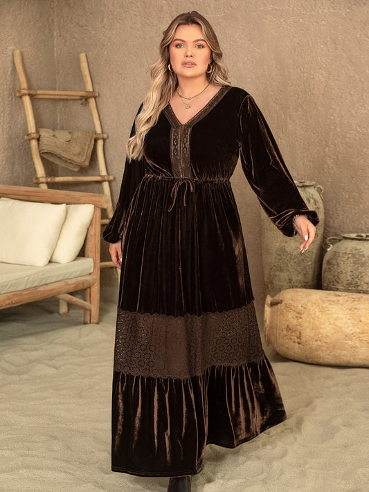 Plus Size V-Neck Balloon Sleeve Maxi Dress 