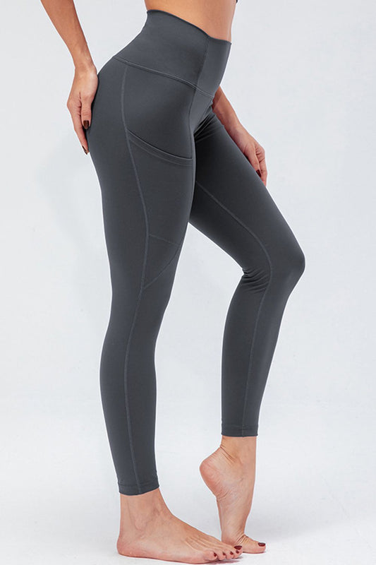 Breathable Wide Waistband Active Leggings with Pockets - Babbazon leggings