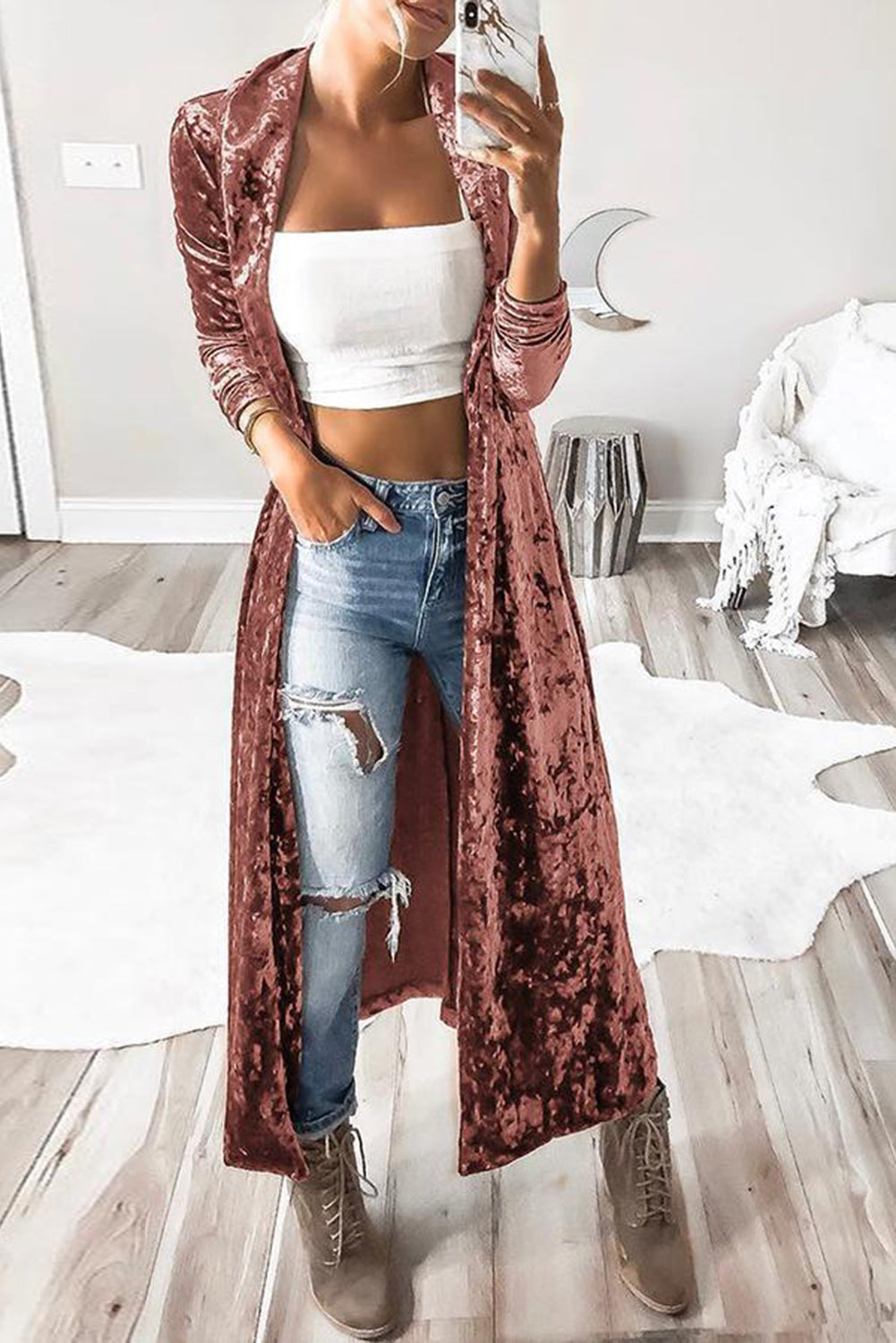 Open Front Long Sleeve Longline Velvet Cardigan - Babbazon womens coat