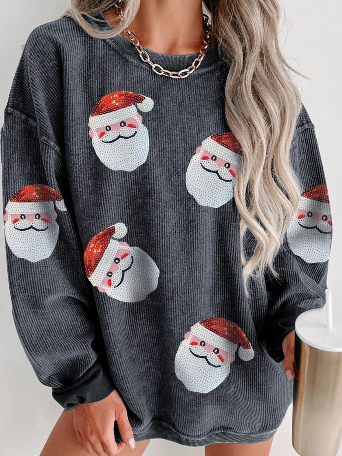 Sequin Santa Patch Ribbed Sweatshirt - Babbazon Sparkly Clothes