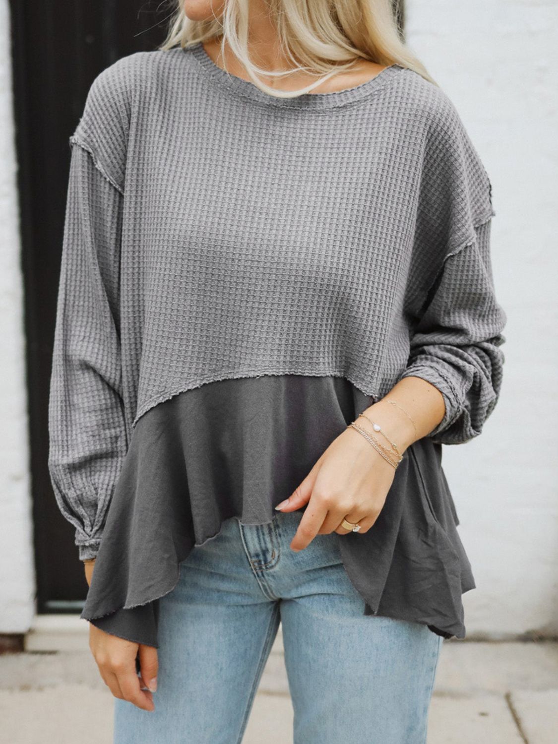 Waffle-Knit Round Neck Dropped Shoulder T-Shirt 