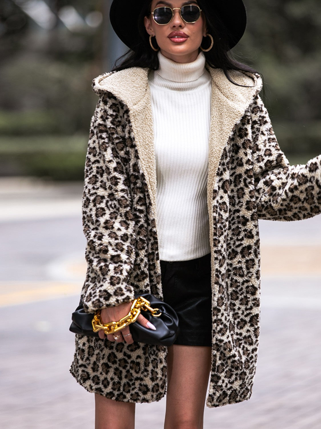 Leopard Hooded Coat with Pockets 