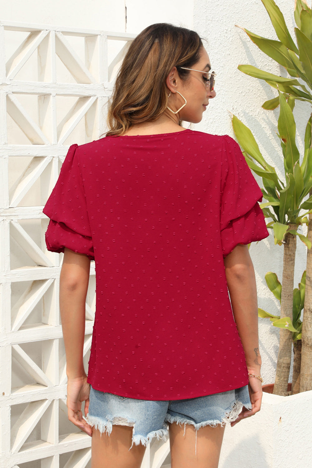 Swiss Dot V-Neck Short Sleeve Blouse 