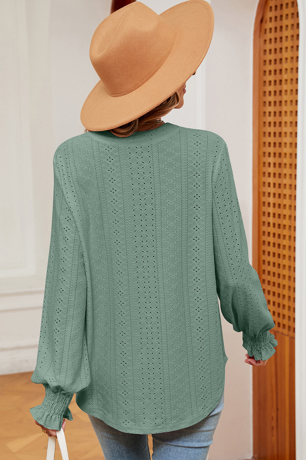 Eyelet Notched Long Sleeve T-Shirt