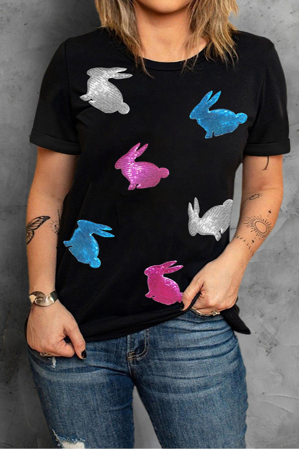 Plus Size Rabbit Round Neck Short Sleeve T-Shirt 