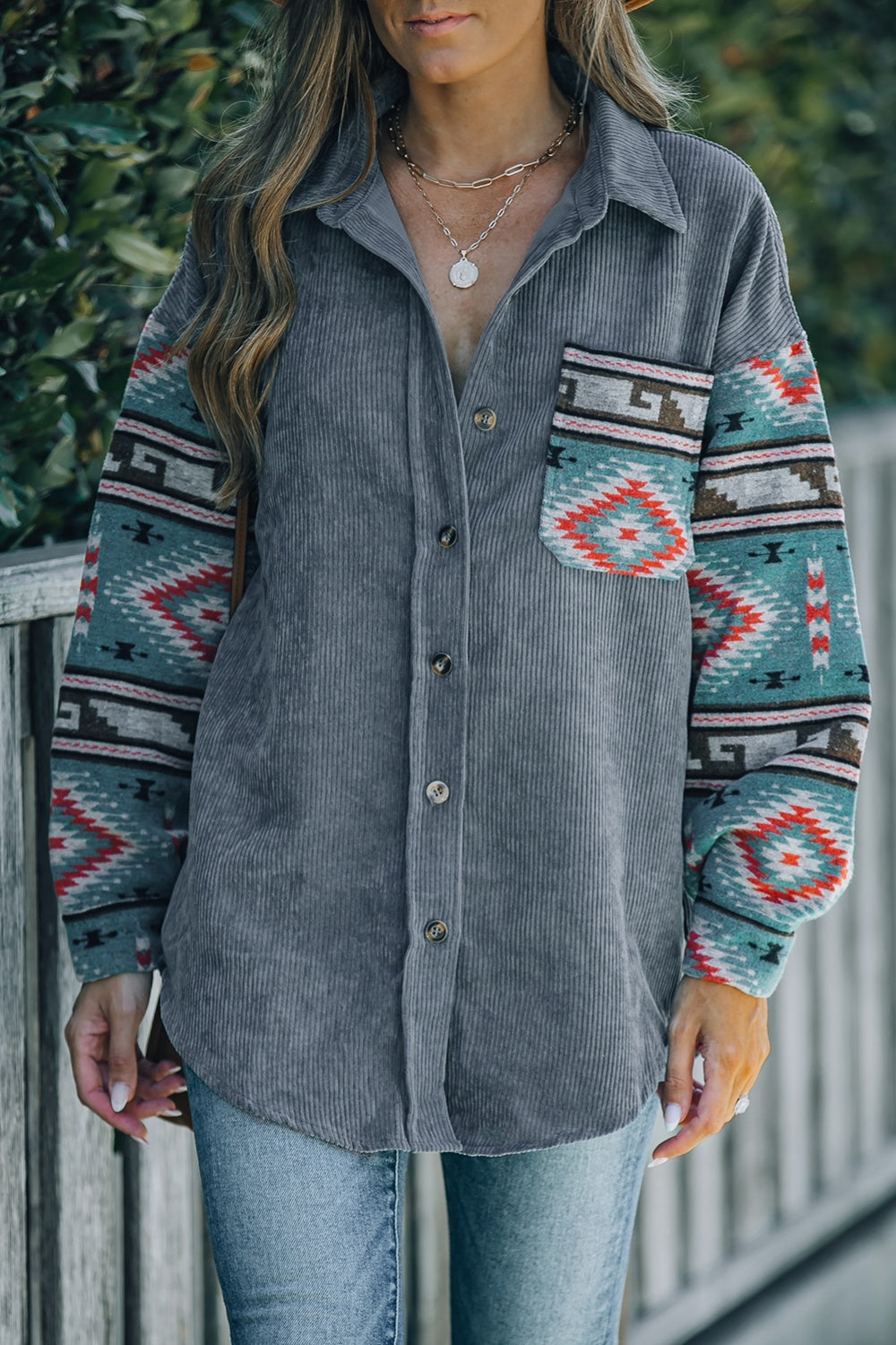 Geometric Button Up Dropped Shoulder Jacket 