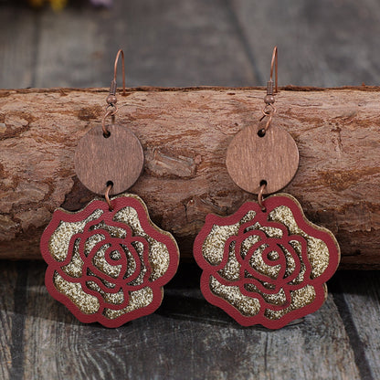 Wooden Alloy Rose Shape Dangle Earrings 