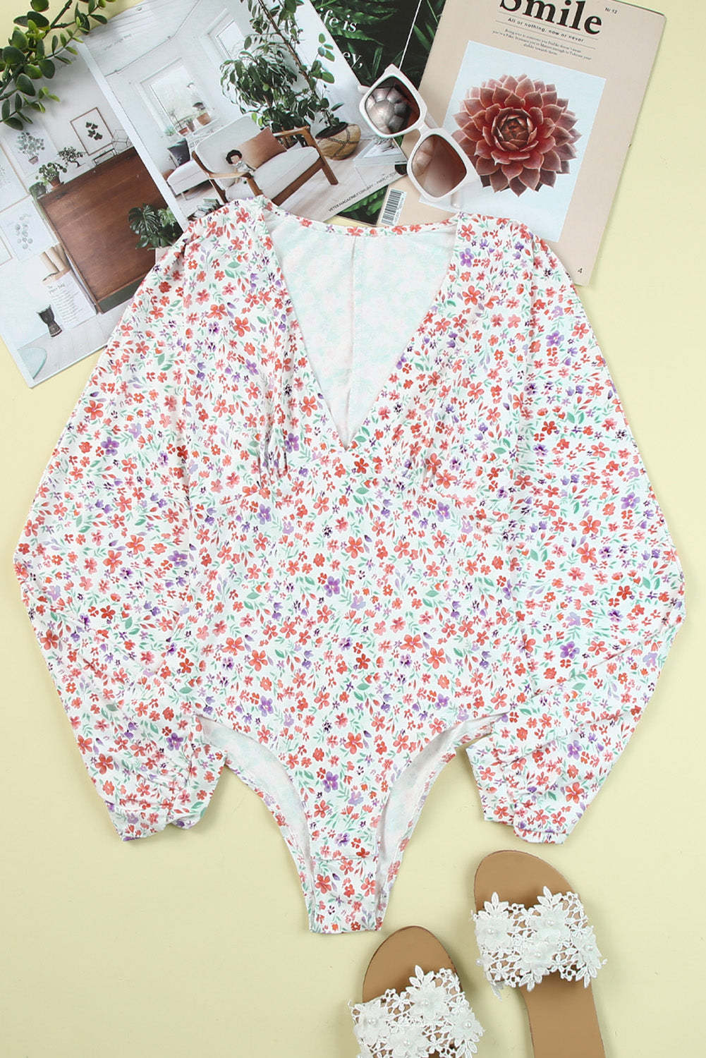 Ditsy Floral Long Sleeve Plunge Bodysuit 