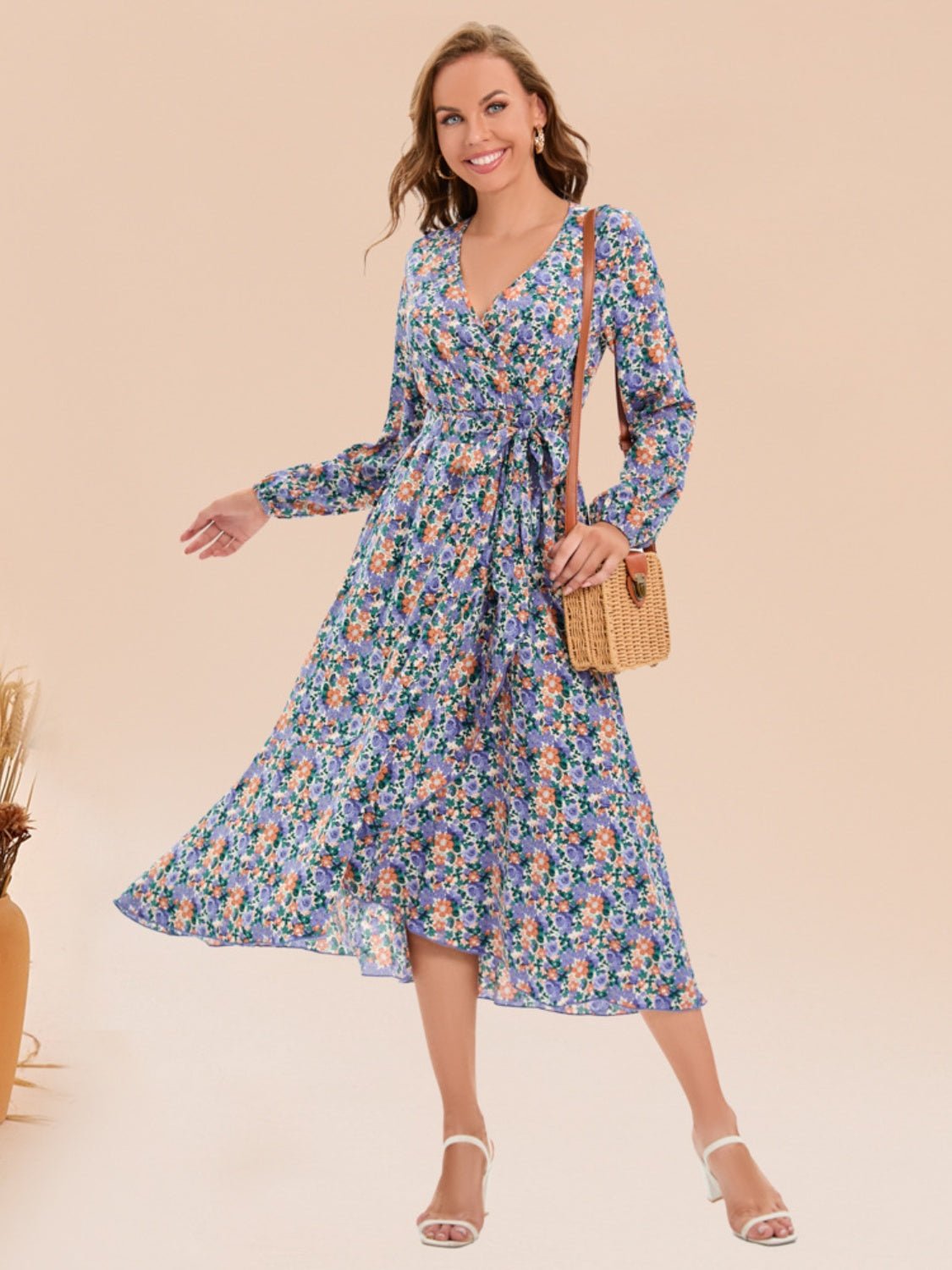 Full Size Printed Surplice Long Sleeve Dress 