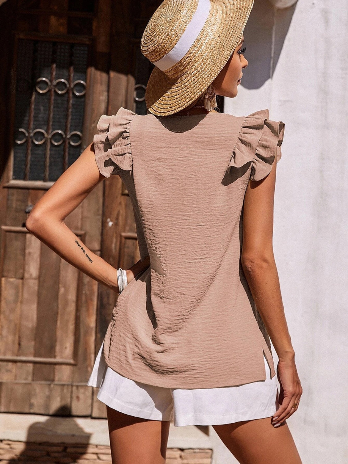 Ruffled V-Neck Cap Sleeve Blouse 