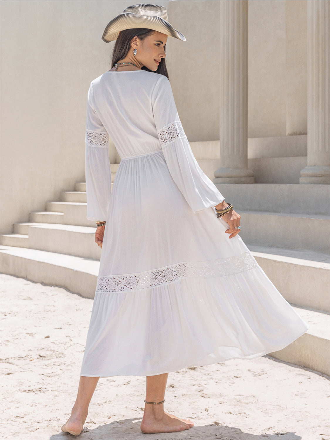 Tie Neck Balloon Sleeve Midi Dress 