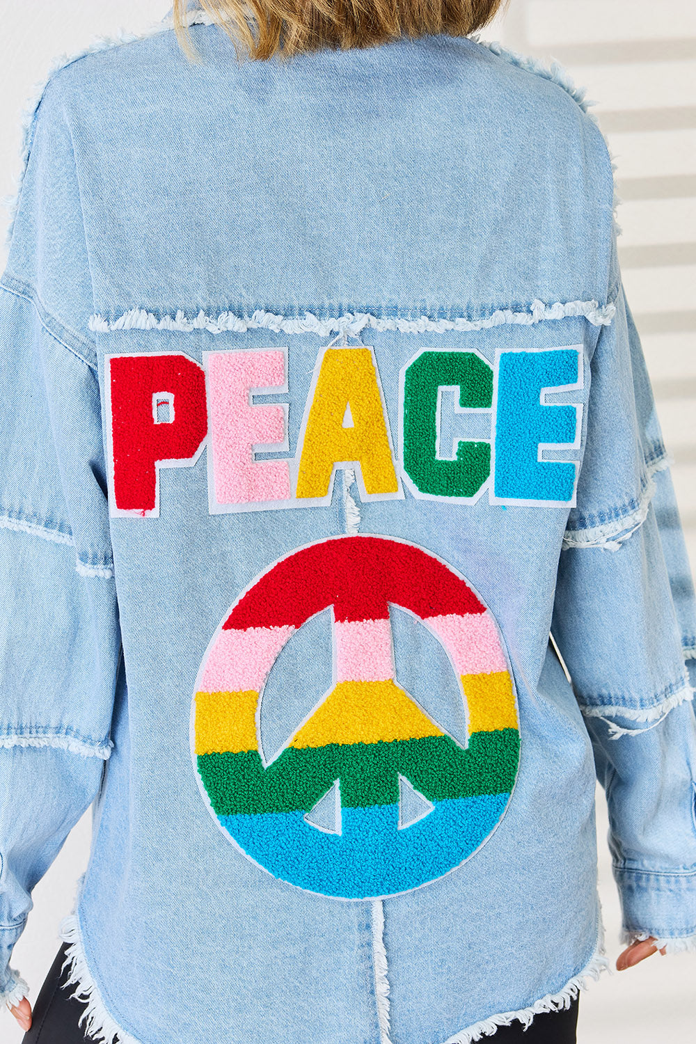 PEACE Raw Hem Dropped Shoulder Denim Top 